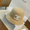 Celine Men's and Women's Embroidered Logo Pattern Khaki Raffia Woven Fisherman's Hat Cap #76174