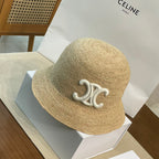 Celine Men's and Women's Embroidered Logo Pattern Khaki Raffia Woven Fisherman's Hat Cap #76174