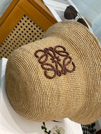 Loewe Women's Khaki Raffia And Cowhide Bucket Hat Flat Cap Large Brim Hat #75956