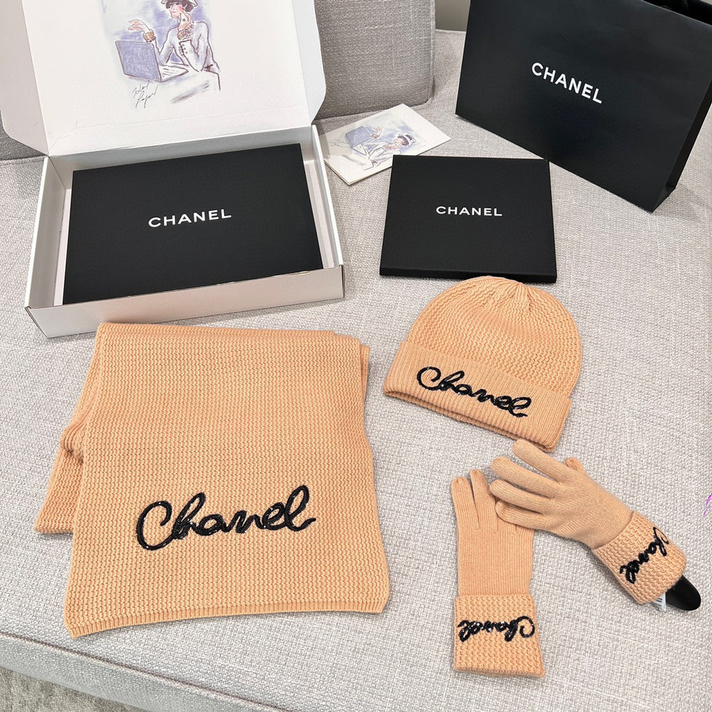 Chanel Cashmere Knit Hat Gloves Scarf #96642
