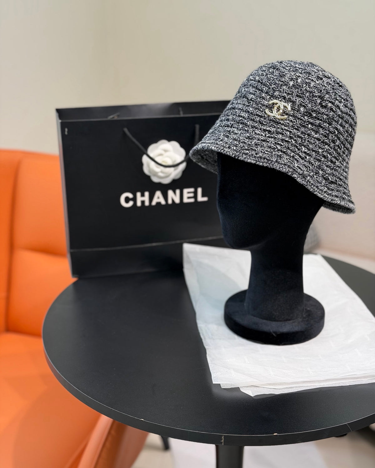 CHANEL Cloche Hat Cotton Mixed Fibers Metal Black White Gold #387336