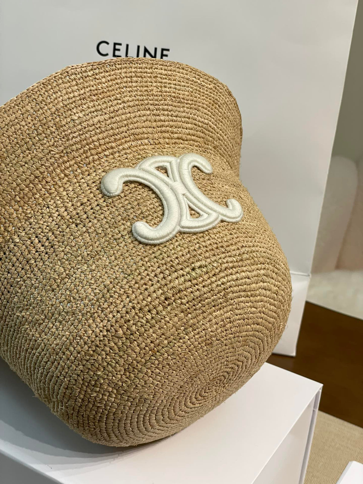 Celine Men's and Women's Embroidered Logo Pattern Khaki Raffia Woven Fisherman's Hat Cap #76174