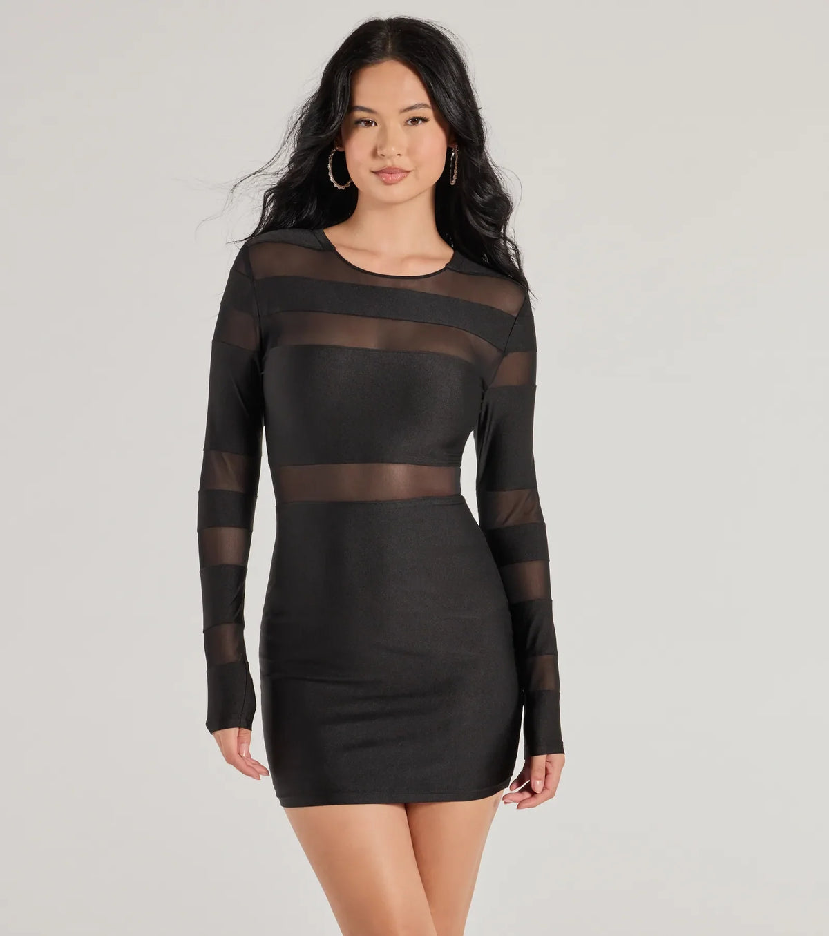 Delena Sheer Mesh Long Sleeve Bodycon Mini Dress