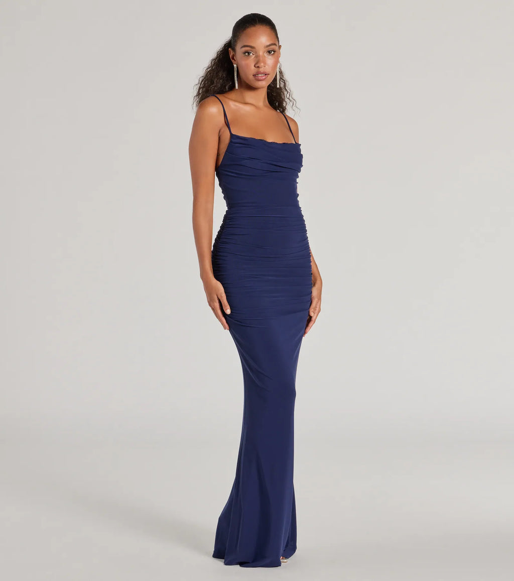 Julane Cowl Neck Ruched Column Dress