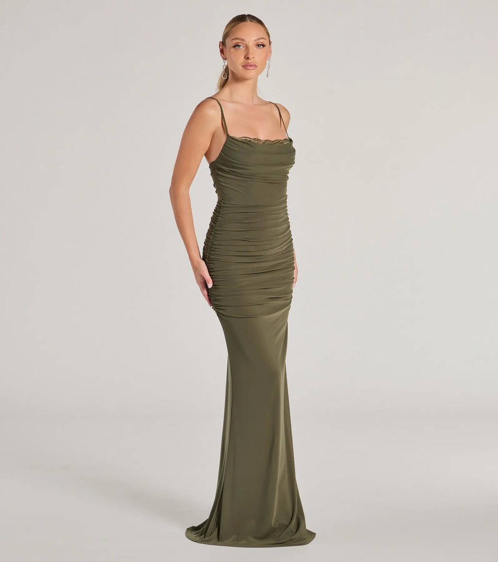Julane Cowl Neck Ruched Column Dress