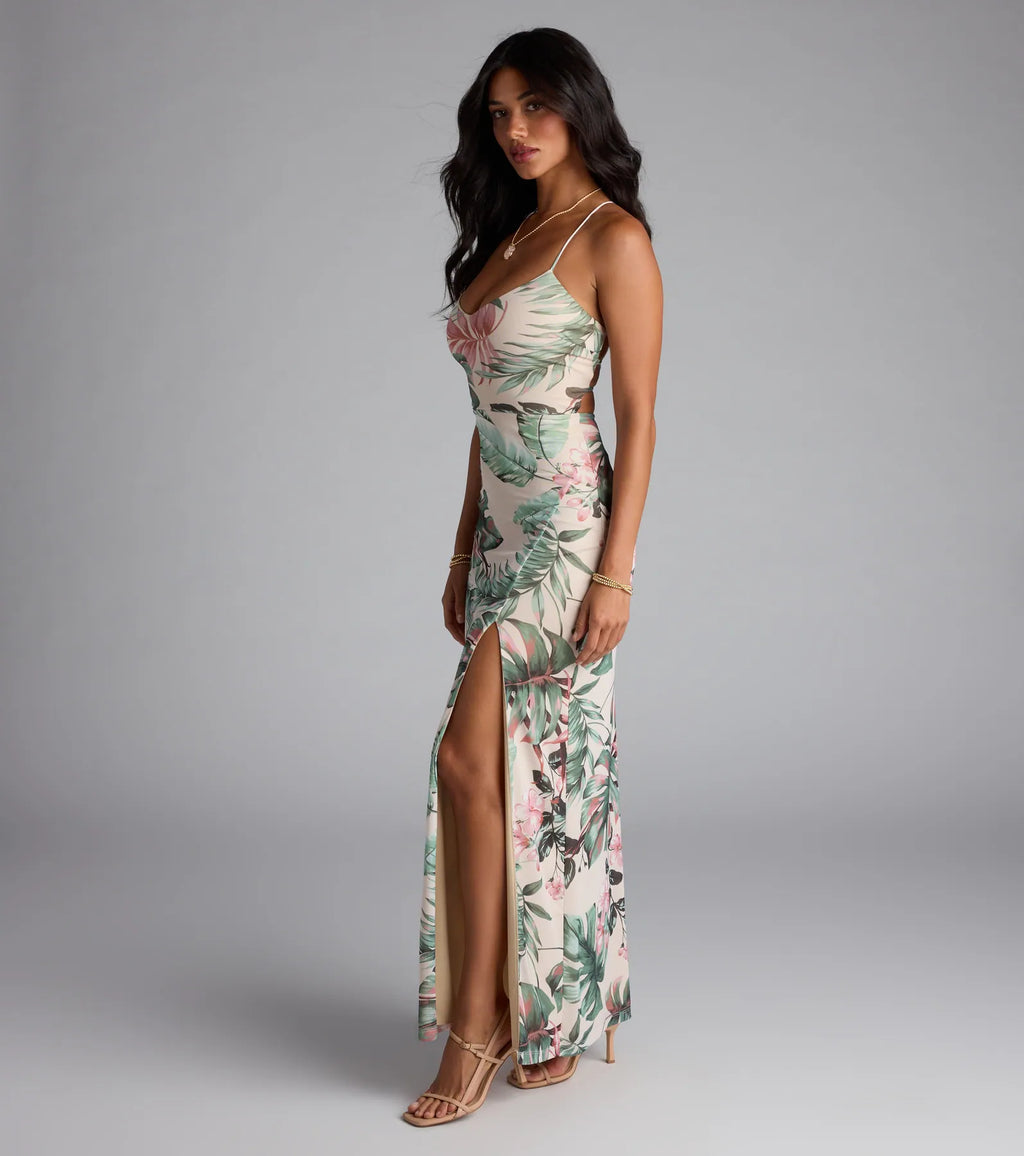 Kiss The Sun Tropical Lace-Up Slit Maxi Dress