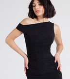 Chic Icon Ruched Knit Off-Shoulder Mini Dress