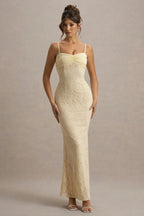 Felicia | Pale Lemon Satin Sweetheart Maxi Dress With Lace Details