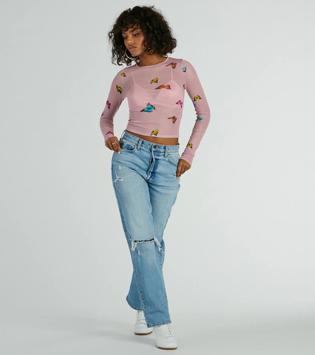 Butterfly Effect Long Sleeve Mesh Crop Top