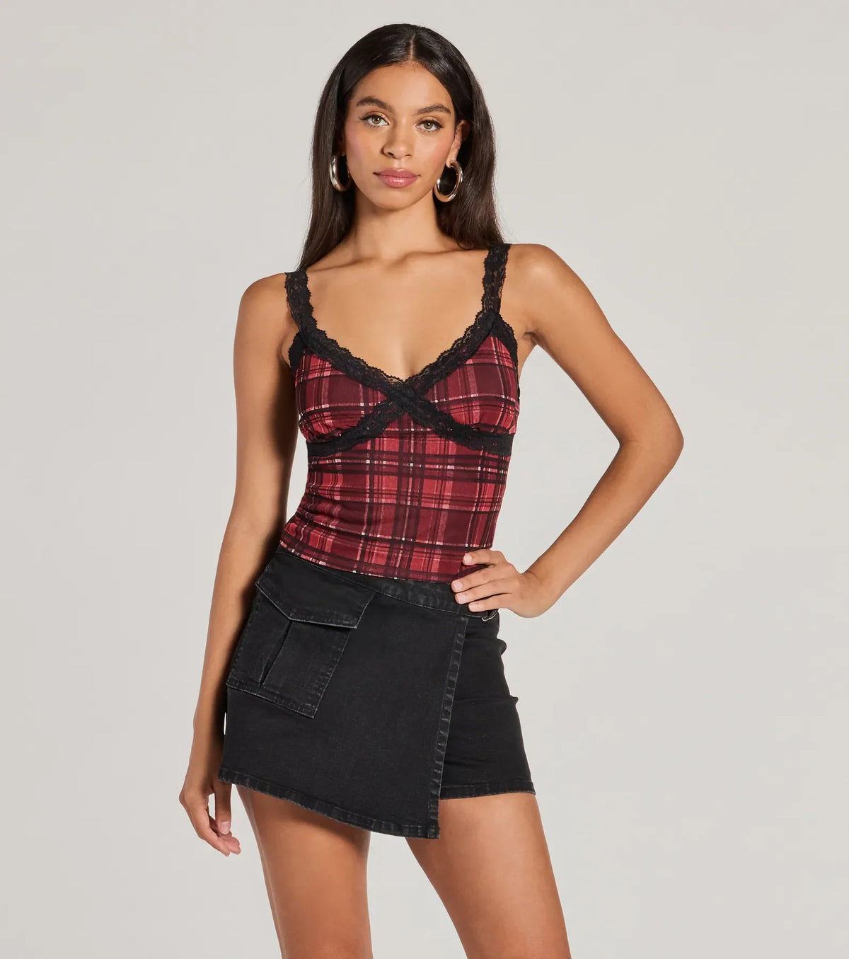 Check Me Out Lace Trim Plaid Crop Top