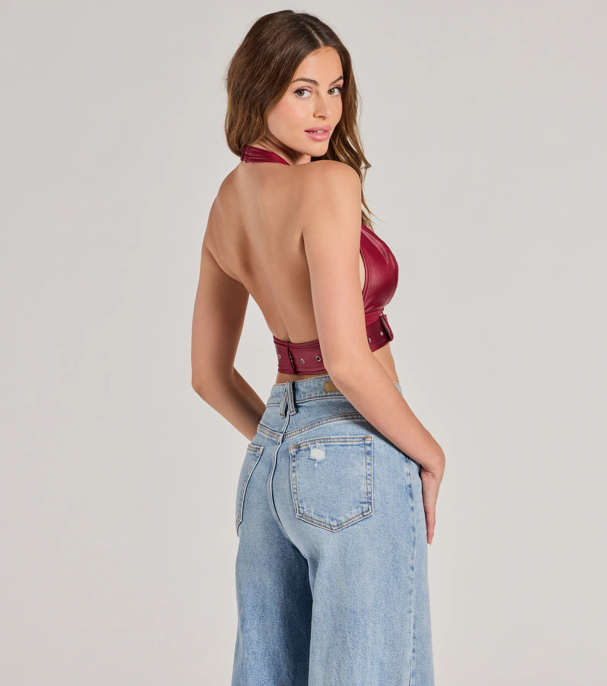 Sultry Vibe Plunge Halter Faux Leather Crop Top