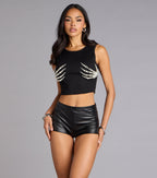 Spooky Chic Pearl Skeleton Hands Cropped Tank Top