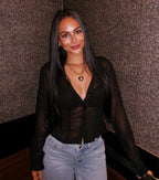 Sheer To Be Seen Smocked Back Chiffon Button Top