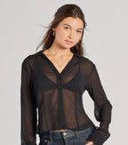 Sheer To Be Seen Smocked Back Chiffon Button Top