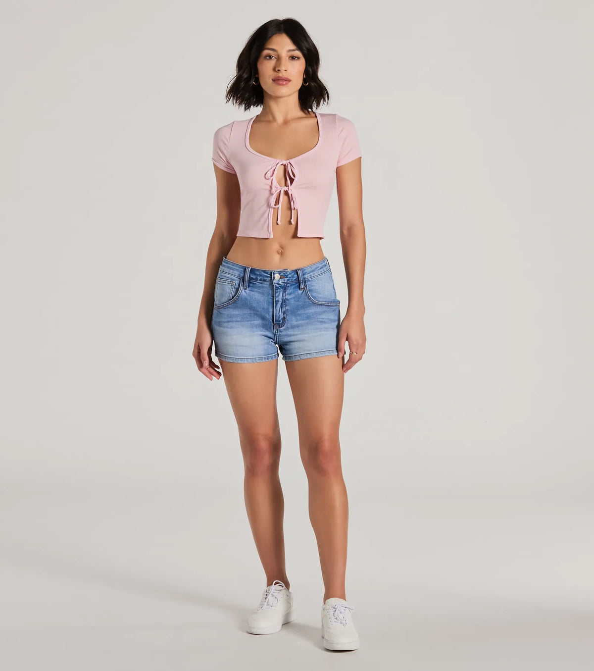 Here To Stay Short Sleeve Tie Front Crop Top