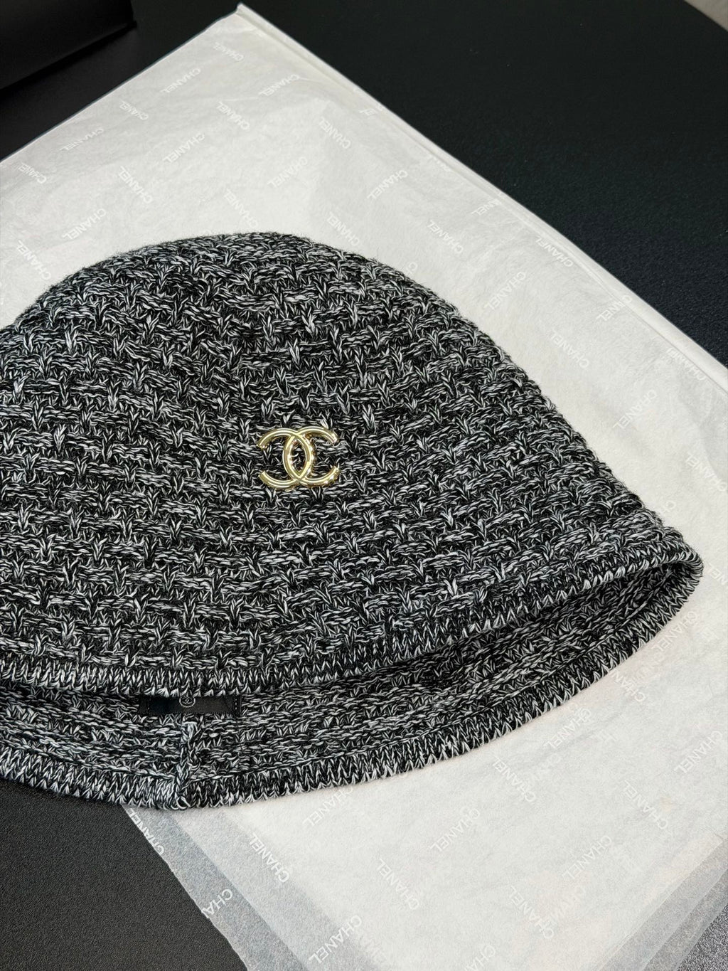 CHANEL Cloche Hat Cotton Mixed Fibers Metal Black White Gold #387336