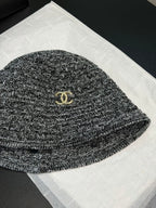 CHANEL Cloche Hat Cotton Mixed Fibers Metal Black White Gold #387336