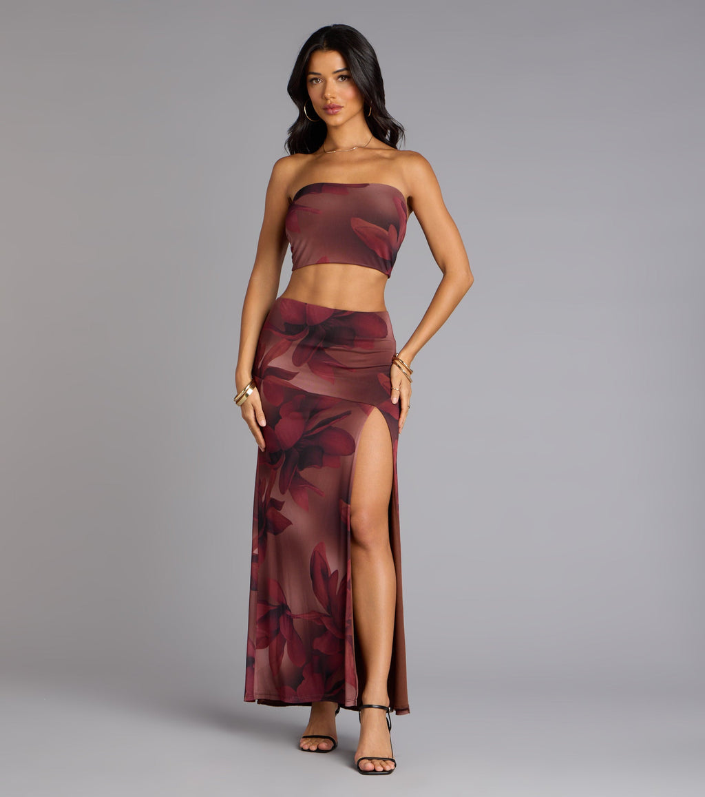 Blooming Allure Floral Mesh High-Slit Maxi Skirt