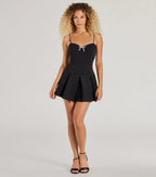 Greatest Gift Rhinestone Bow Pleated Ponte Romper