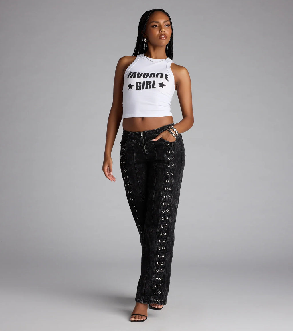 Dial Up Drama Mid-Rise Lace Up Denim Jeans