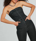 Flirty Retro Strapless Flare Denim Jumpsuit