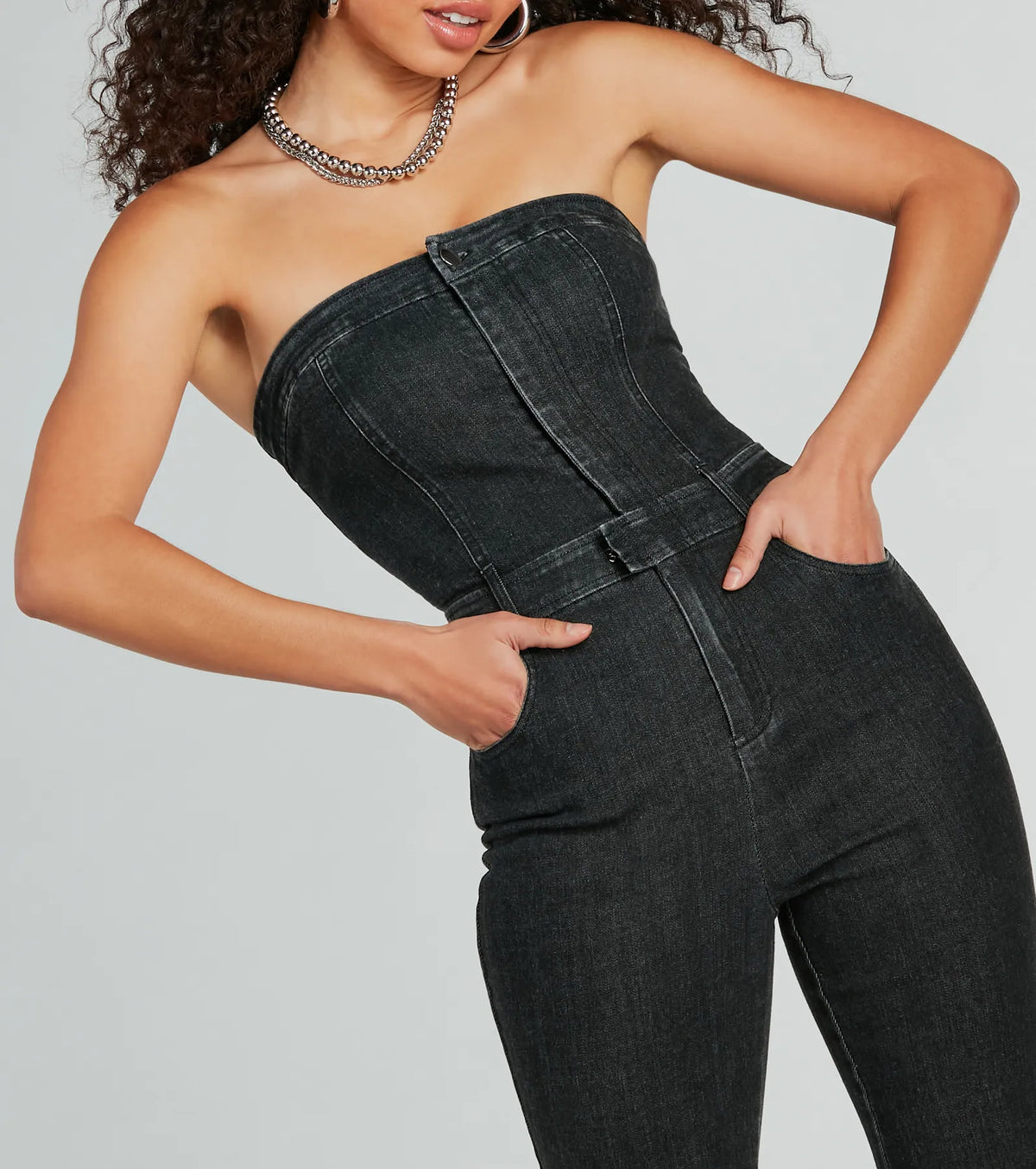Flirty Retro Strapless Flare Denim Jumpsuit