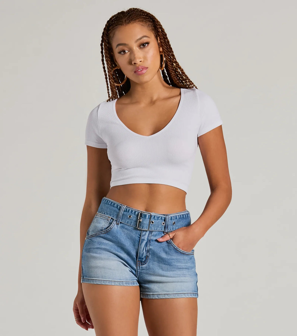 Summer Girlie Mid Rise Belted Denim Shorts