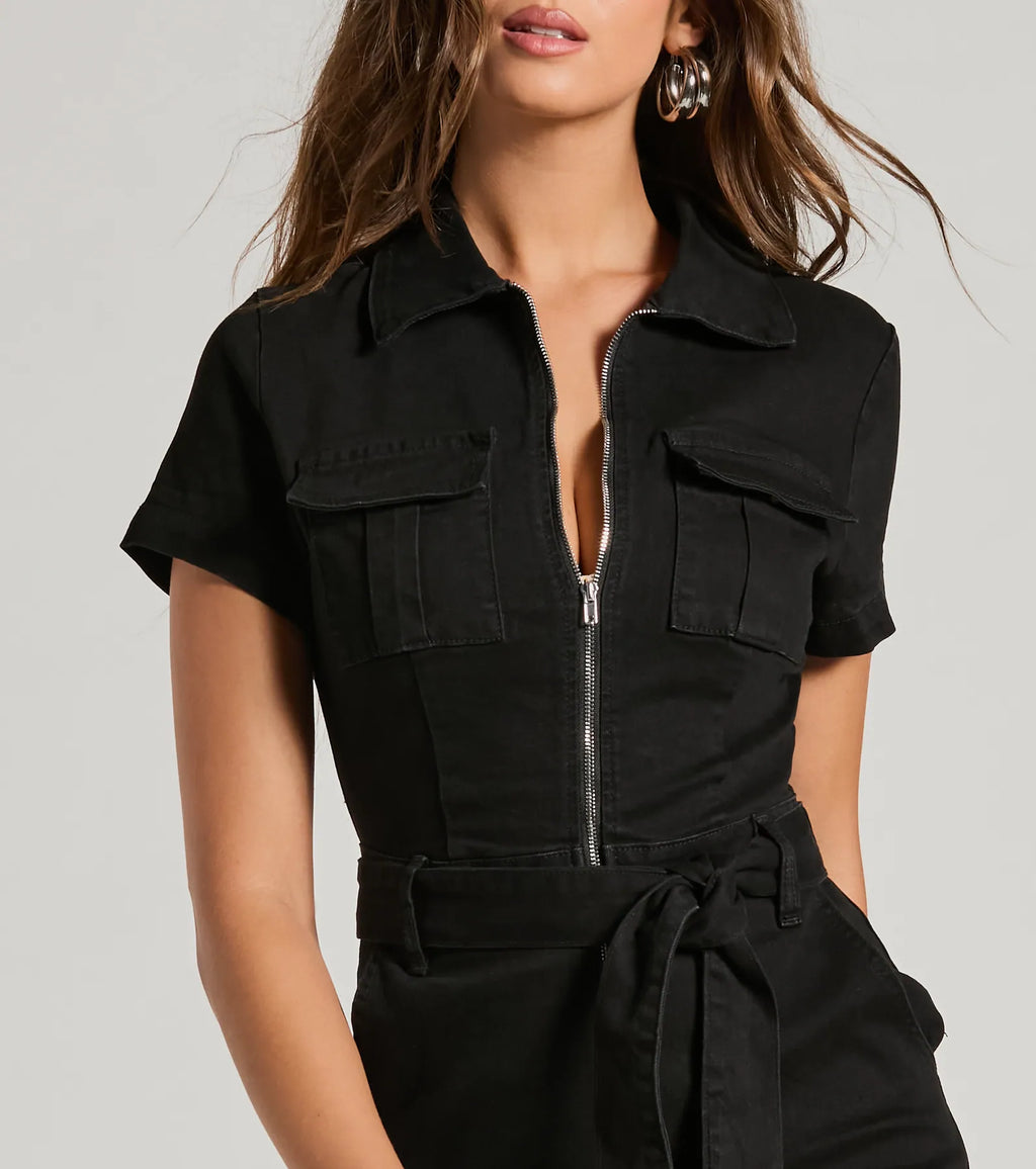 Done In One Zip-Front Tie-Waist Denim Romper