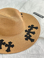 Chrome Hearts Men's And Women's Plain Colored Straw Hat With Cross Leather Logo Cap #77796