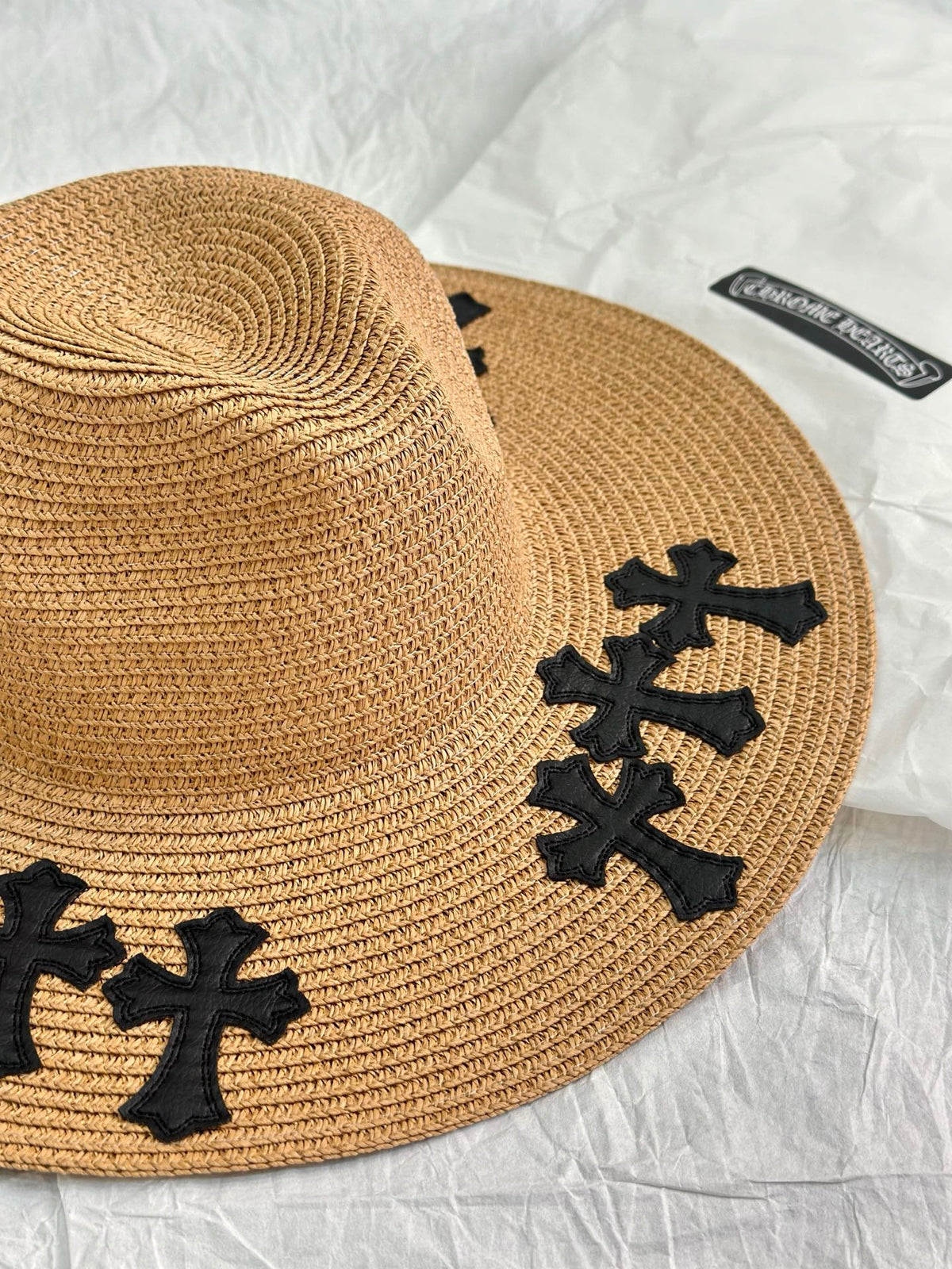Chrome Hearts Men's And Women's Plain Colored Straw Hat With Cross Leather Logo Cap #77796
