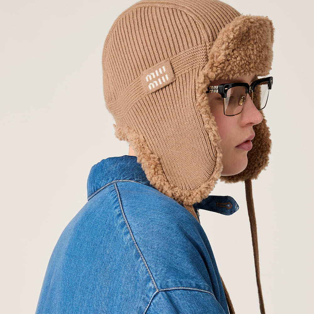 MiuMiu Camel Brown Wool Cashmere And Shearling Trapper Hat #335646