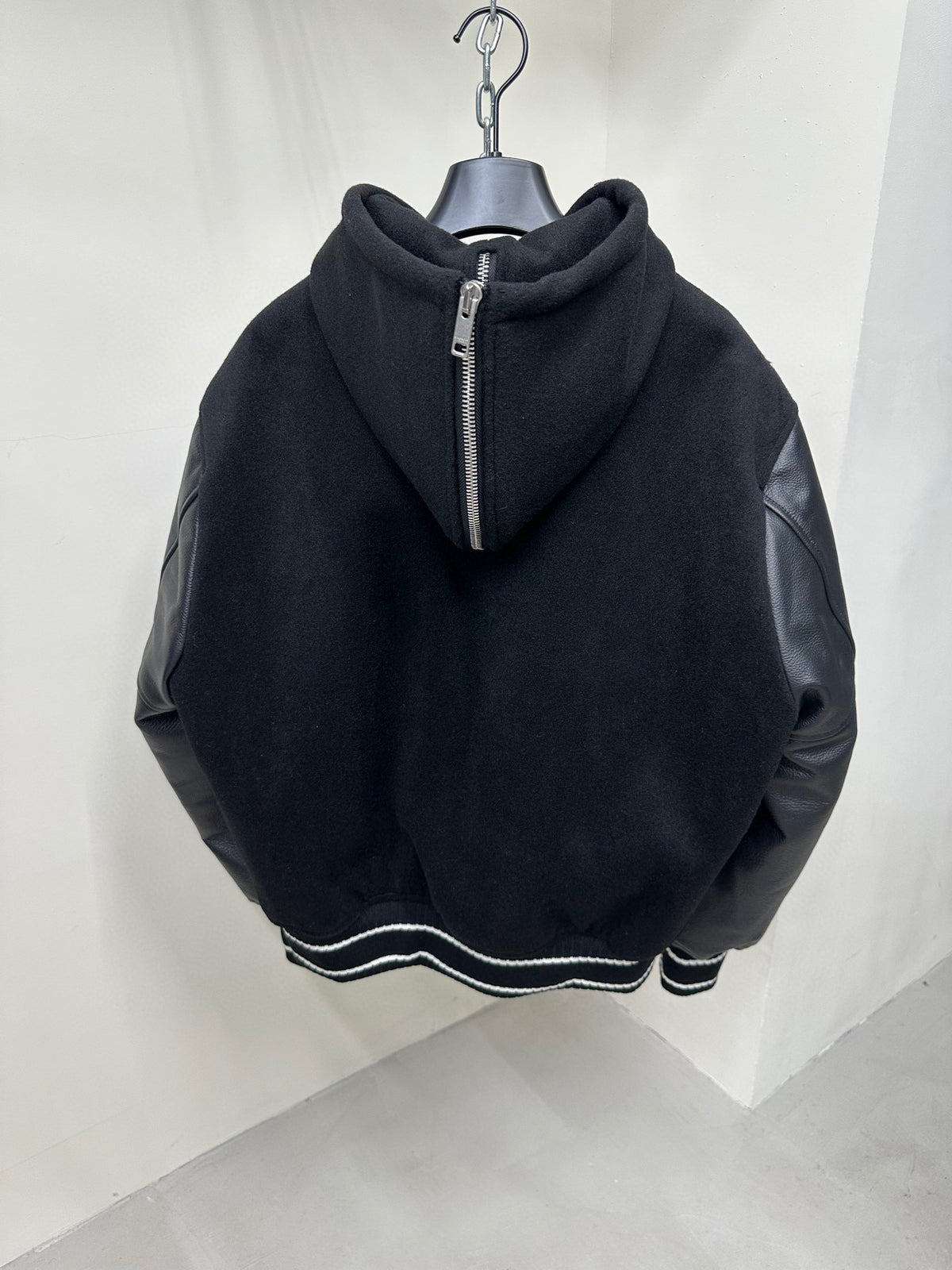 Givenchy Leather Wool Long Sleeve Hooded Zip Split Hat Jacket #1432