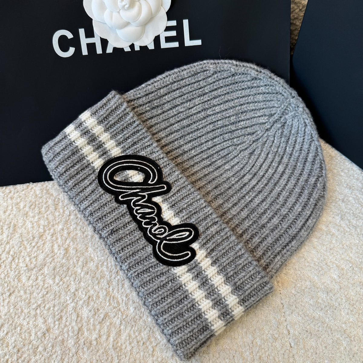 Chanel Women's Fall And Winter Black And White Gray Temperament Warm Winter Accessories Scarf Hat Gloves Fashion Trend Set #81628