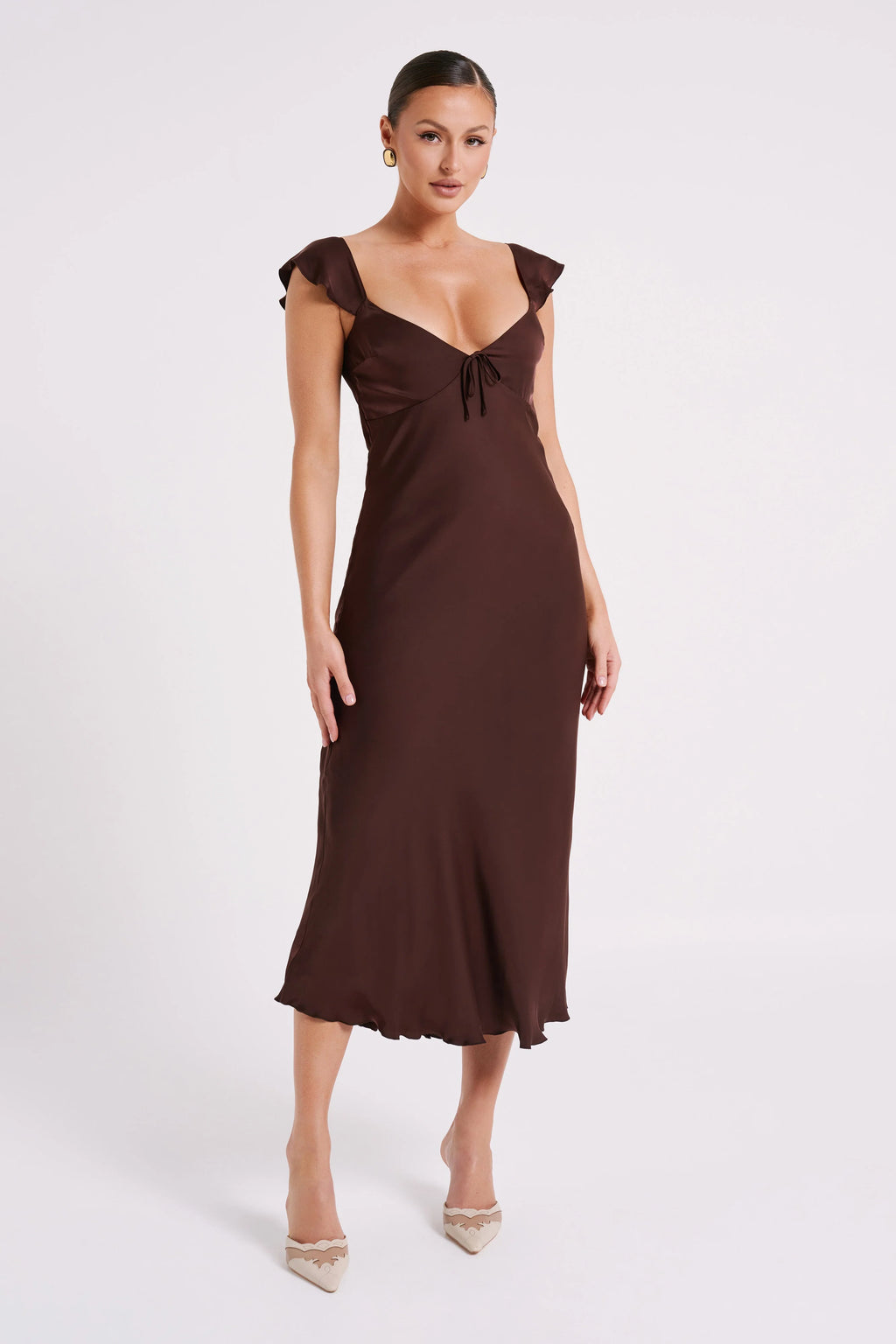 MESHKI Chantal Short Sleeve Satin Midi Dress - Dark Chocolate
