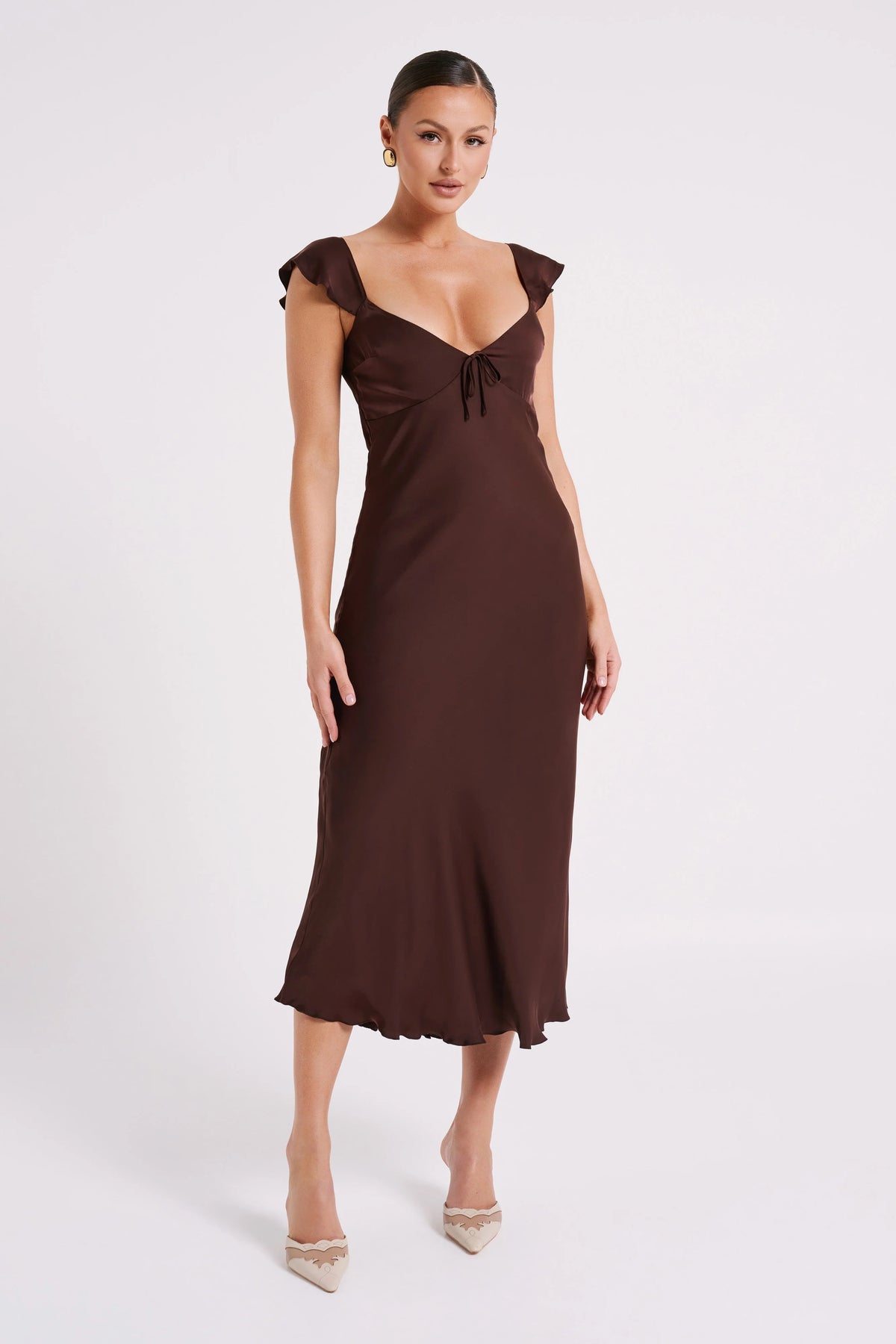 MESHKI Chantal Short Sleeve Satin Midi Dress - Dark Chocolate