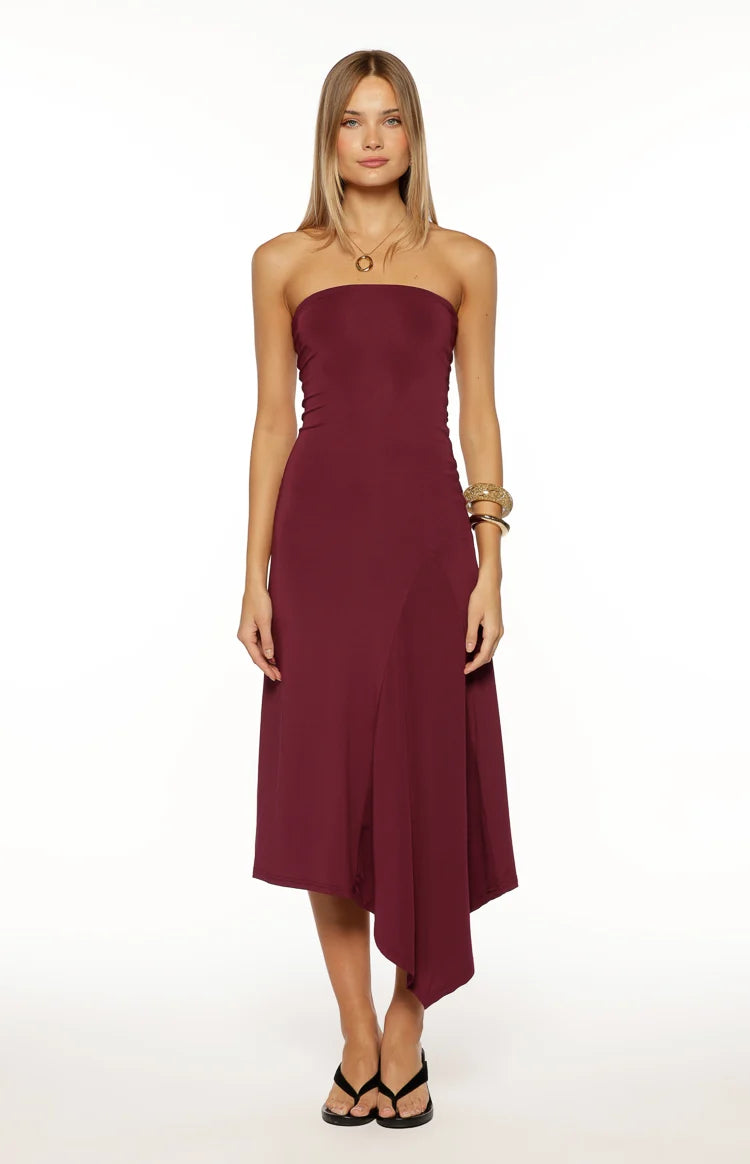 Maura Plum Strapless Asymmetrical Midi Dress