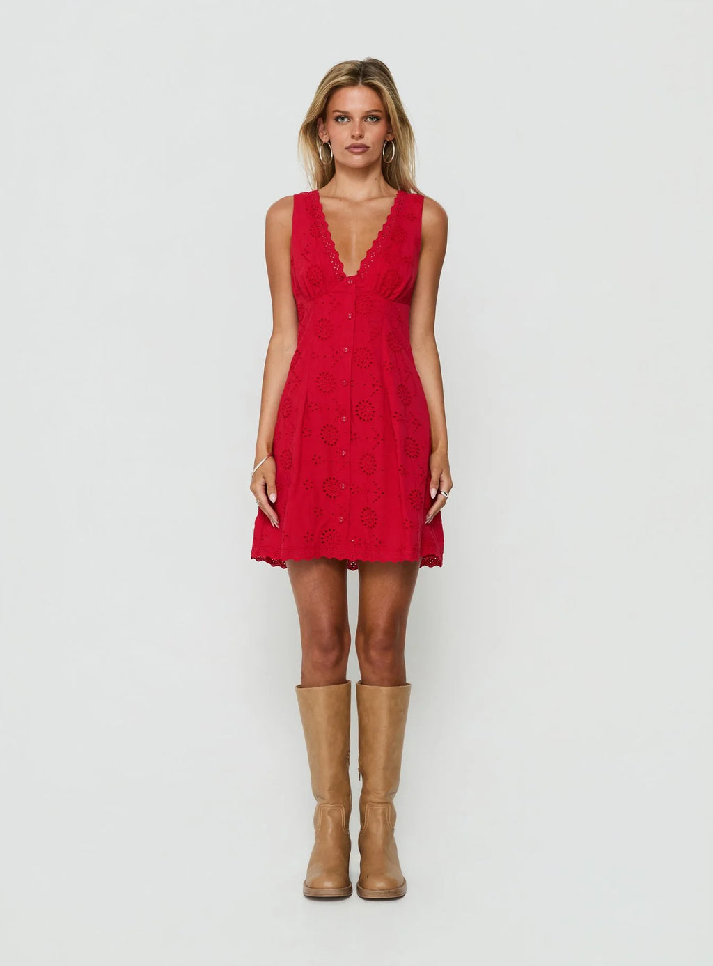Gabbey Anglaise V Neck Mini Dress Tomato Red