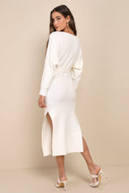 Cozy Captivation Ivory Ribbed Dolman Sleeve Midi Sweater Dress