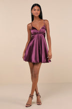 Happily Yours Plum Purple Satin Skater Mini Dress