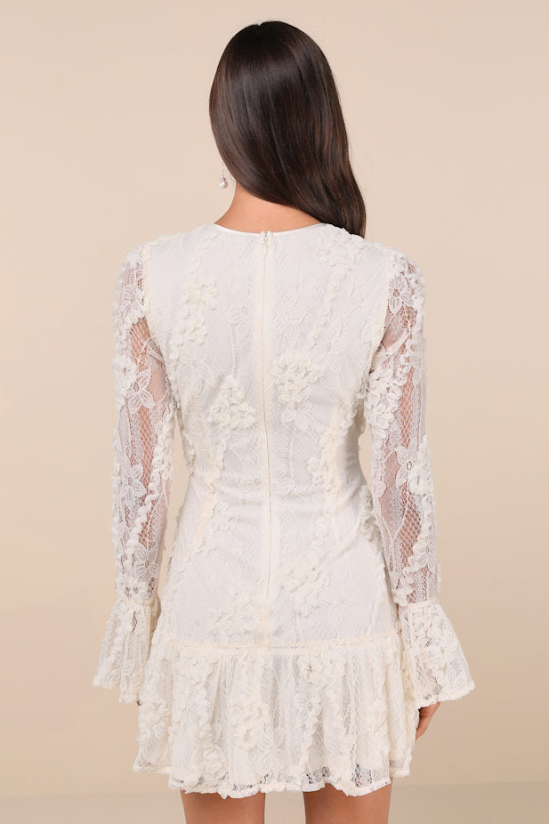 Darling Era Ivory Lace Applique Long Sleeve Ruffled Mini Dress