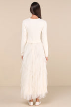Ultimate Beauty Ivory Cable Knit Ruffled Tulle Maxi Dress