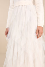 Ultimate Beauty Ivory Cable Knit Ruffled Tulle Maxi Dress