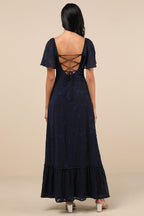 Tailor Made For You Dark Navy Jacquard Lace-Up Maxi Dress