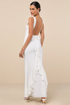 Exquisite Refinement Ivory Backless Bow Ruffled Maxi Dress