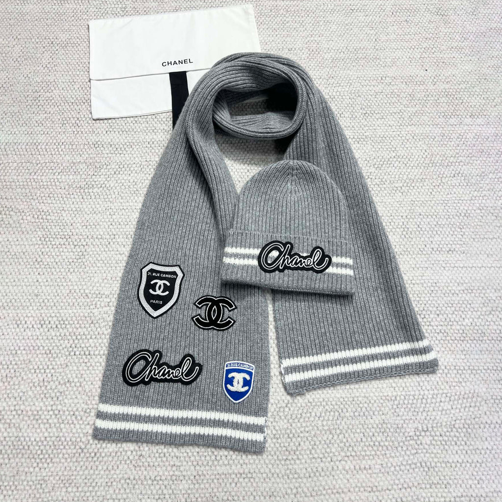 Chanel Women's Winter Graffiti Pattern Letter Print Solid Color Wool Hat Scarf Cap #73621