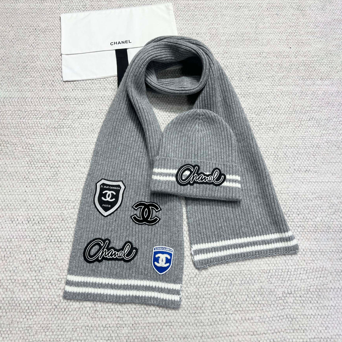 Chanel Women's Winter Graffiti Pattern Letter Print Solid Color Wool Hat Scarf Cap #73621