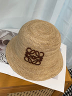 Loewe Women's Khaki Raffia And Cowhide Bucket Hat Flat Cap Large Brim Hat #75956