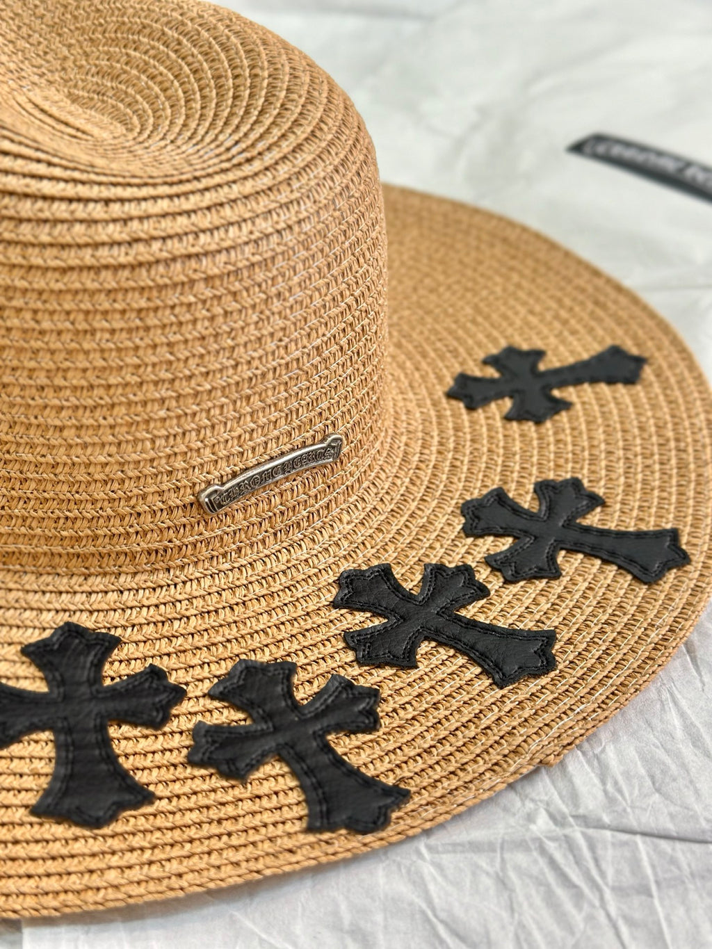 Chrome Hearts Men's And Women's Plain Colored Straw Hat With Cross Leather Logo Cap #77796