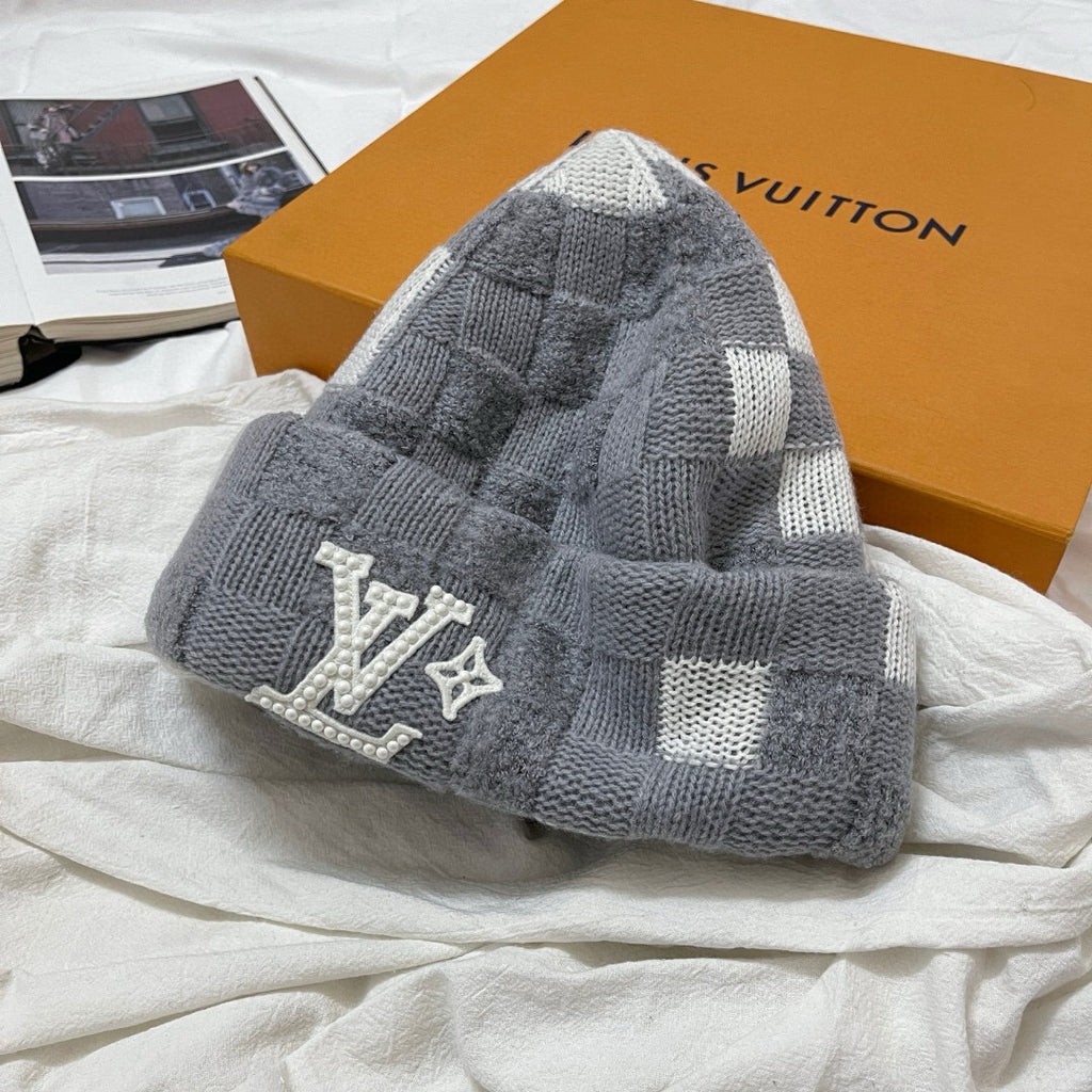 Louis Vuitton Men's and Women's Logo Embroidered Gray Sheep Wool Pom Pom Hat Cap Scarf #73793