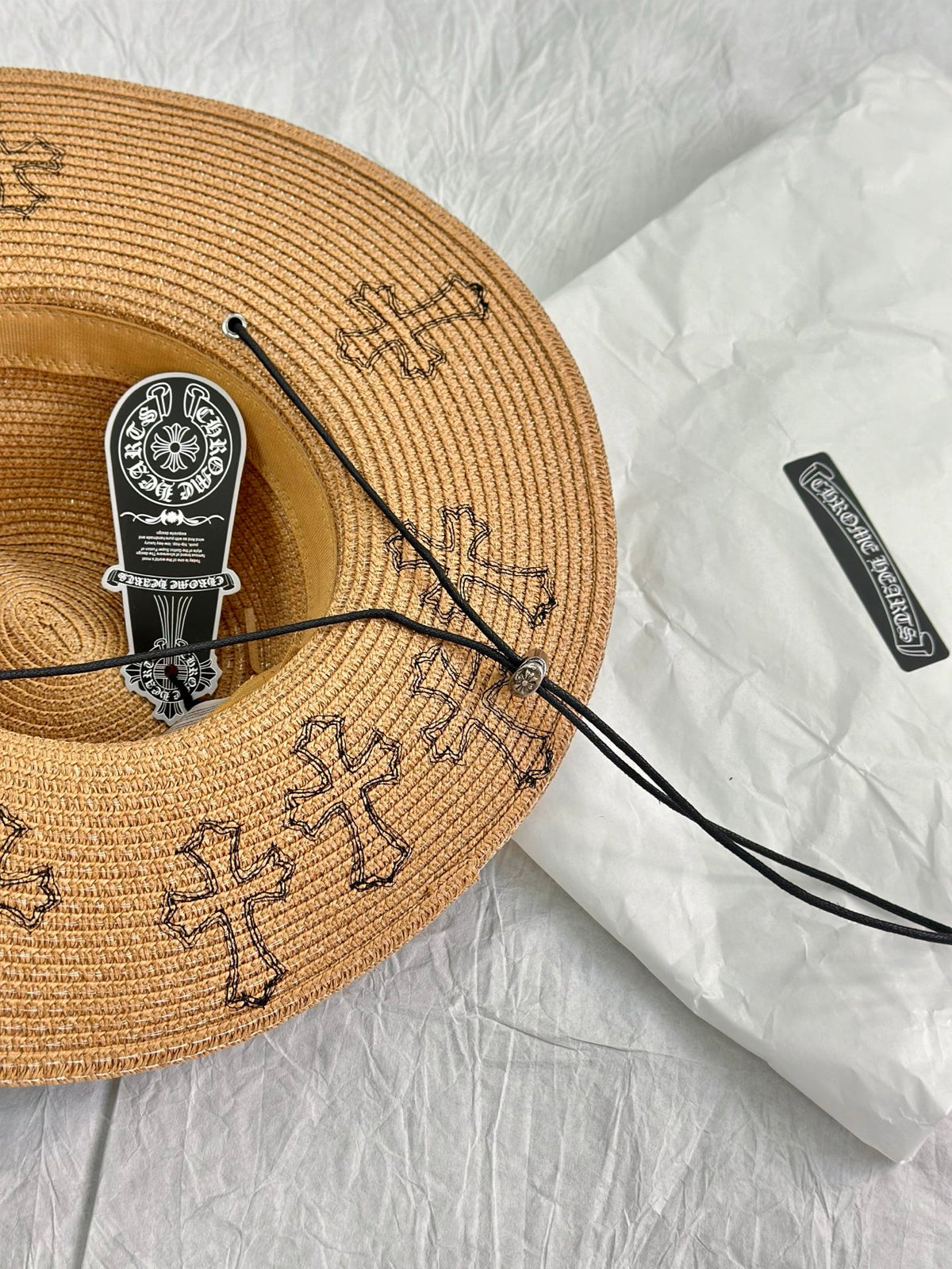 Chrome Hearts Men's And Women's Plain Colored Straw Hat With Cross Leather Logo Cap #77796